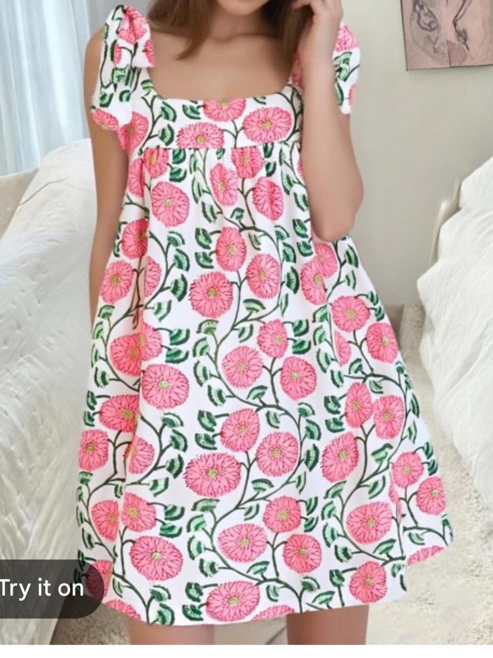 Blockprint Square Neck Sleeveless Dress Tie Waist Floral size Small
